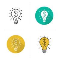 Business idea icon. Flat design, linear and color styles. Electric bulb with dollar sign. Successful commercial idea. Isolated vector illustrations