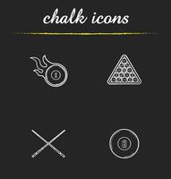 Billiard chalk icons set. Pool equipment. Cuesports accessories. Eight ball, cues, ball rack and burning ball. Isolated vector chalkboard illustrations