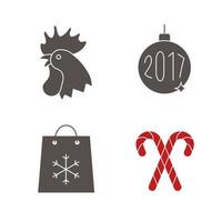 Christmas icons set. New Year silhouette symbols. Rooster, shopping bag, candy canes, 2017 Xmas tree ball. Vector isolated illustration