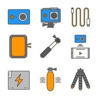 Action camera color icons set. Sport cam, usb cable, battery, phone connection, waterproof case, selfie monopod stick, floating grip, box, tripod. Isolated vector illustration