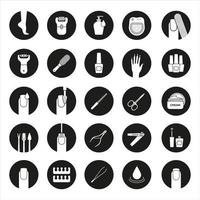 Manicure and pedicure icons set. Nail polish, scissors, epilator, spa bath, soap, cream, tweezers, foot rasp, cuticle nipper. Vector white silhouettes illustrations in black circles