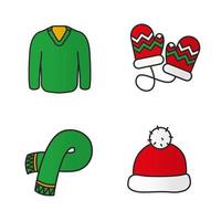 New Year clothes color icons set. Warm winter accessories. Green sweater and scarf, Santa Claus hat, children mittens. Isolated vector illustrations