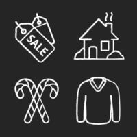 Winter season chalk icons set. Store sale price tags, house, candy canes, sweater. Isolated vector chalkboard illustrations
