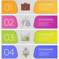 Business banner templates set. Easy to edit. Briefcase, working conversation, growth chart and spaceship. Website menu items. Color web banner. Vector headers design concepts