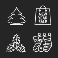 Conjunto de iconos de tiza de Navidad y año nuevo. abeto, muérdago, calcetines para regalos, bolsa de compras de venta de año nuevo. ilustraciones de pizarra vector aislado