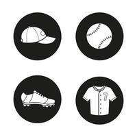 Baseball icons set. Softball equipment. Ball, cap, shoe and t-shirt. Vector white silhouettes illustrations in black circles