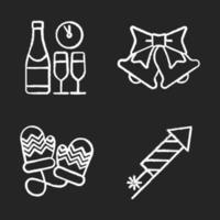 New Year and Christmas chalk icons set. Champagne bottle and glasses, jingle bells, mittens, rocket firework. Isolated vector chalkboard illustrations
