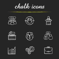 Business and teamwork chalk icons set. Team communication, speaker podium, office manager, company workers, sales funnel, growth chart, cogwheels, briefcase. Isolated vector chalkboard illustrations