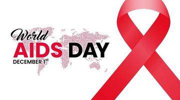 World aids day background with red ribbon and abstract halftone world map vector