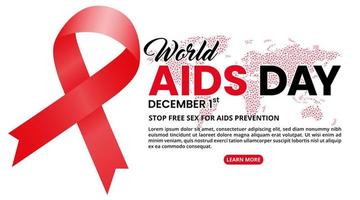 World aids day background with red ribbon and abstract halftone world map vector