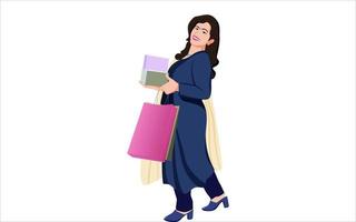 Indian Women with shopping bag and boxes, Character illustration on white background. vector