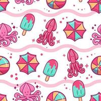 Seamless pattern summer, Squid, Ball, Umbrella and ice cream isolated on white background. Vector illustration.