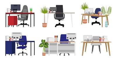 Modern desk set for home office freelancer with different design with chair table drawer cabinet some paper pile file folder and house plants isolated vector