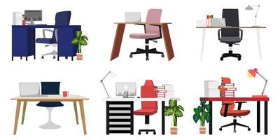 Hermoso juego de escritorio para autónomo de oficina en casa con diseño diferente con mesa de silla, una carpeta de archivos de pila de papel y plantas de interior aisladas vector