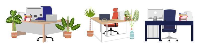 Cute beautiful desk set for home office freelancer with different design with chair table some paper pile file folder and house plants vector