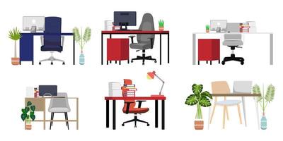 Beautiful desk set for home office freelancer with different design with chair table drawer cabinet some paper pile file folder and house plants vector