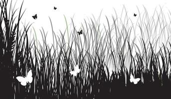 Background with silhouettes of butterflies, flowers and grass, vector illustration