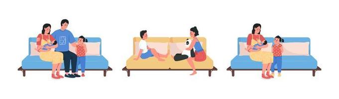 Family on sofa semi flat color vector character set