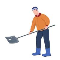 Man clearing snow semi flat color vector character