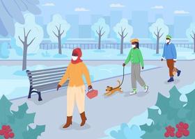 Safe walk in winter park flat color vector illustration