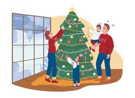 Decorating xmas tree together 2D vector isolated illustration