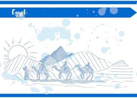 blue desert sun pyramid camels sketch postcard vector