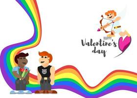 cartel con un arco iris para el día de los enamorados con hombres y cupido. vector