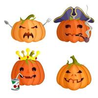 a selection of large bright pumpkins with carved faces vector