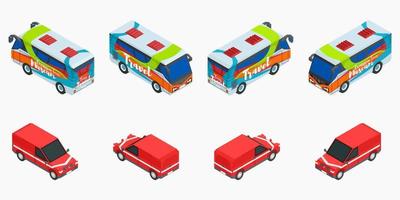 a selection of excursion buses and red isometric cars stock vector