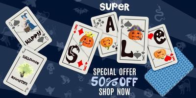 bright Halloween poster with playing cards on a dark background vector