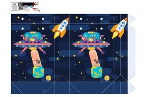 bright gift box with space orbit and earth and aliens . Stock image vector