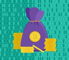 purple bag of crypto-currencies and gold coins on a bright green vector