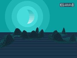 un paisaje de neón verde con montañas poligonales en una cuadrícula con la luna. vector de imagen de stock, para publicidad y folletos