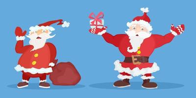 two cartoon santa claus on blue background vector