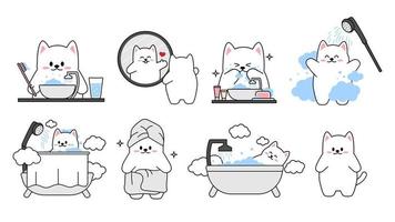 colección de diferentes gatitos lindos sobre un fondo blanco. Conjunto kawaii de diseño de personajes de animales divertidos en estilo de dibujos animados. gato mascota. pegatinas de bebé. ilustración vectorial. vector