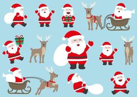 Funny Cartoonish Santa Claus And Reindeer Set. Vector Flat Illustration Isolated On A Blue Background.