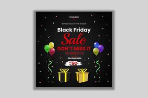 Banner de promoción de venta de viernes negro con regalos y globos. vector