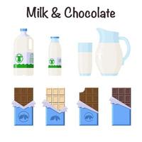 Conjunto de barras de leche y chocolate. estilo plano. colección de dulces y productos lácteos en diferentes paquetes para logotipo, etiqueta, pegatina, impresión, receta, menú, decoración y decoración vector