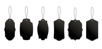Set of black price or luggage tags of vintage shapes with rope. vector