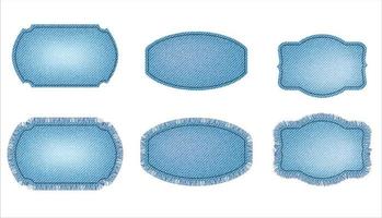 Set of blue denim patches with stitch and fringe. Light blue denim. Patches of different shapes vector