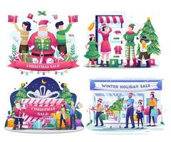 conjunto de ilustración de concepto de venta de Navidad con santa claus y familia celebra Navidad y año nuevo. familia de compras en el supermercado con sus hijos. ilustración vectorial plana vector