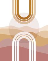 Boho arch shapes with a minimalist landscape as a background. Mid-century modern art print vector