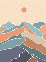 Abstract minimal landscape with mountains and sun. Hand drawn flat vector illustration