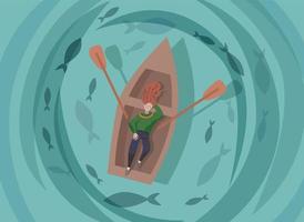 Girl lying in an oar boat surrounded by fish. Flat vector illustration