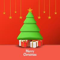 merry christmas with 3D christmas tree, 3D gift boxes, and 3D stars. 3D vector design christmas