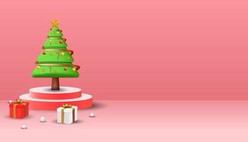 Fondo de feliz navidad con árbol de navidad 3d en el podio y cajas de regalo 3d. fondo de navidad con espacio de copia vector