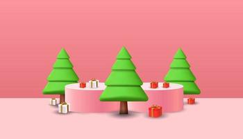 christmas and happy new year background with pine tree 3D, podium 3D, and gift boxes 3D with copy space area vector