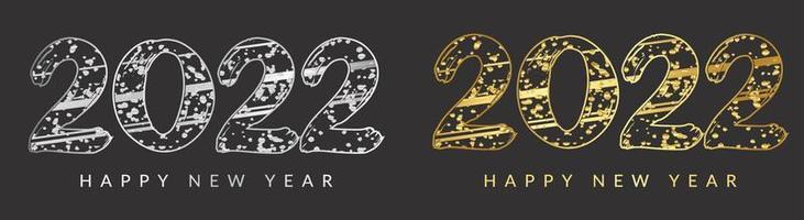 2022 Happy New Year greeting card with golden confetti. Gold and black celebration design. Luxury party template. Vector illustration
