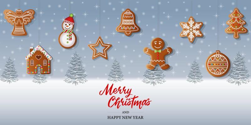 merry christmas background with gingerbread cookies on snowy landscape background