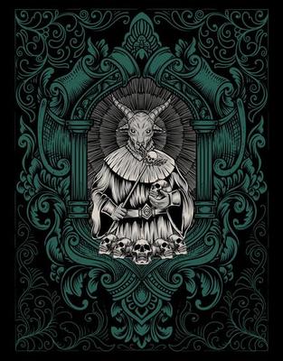 illustration scary baphomet on engraving ornament frame